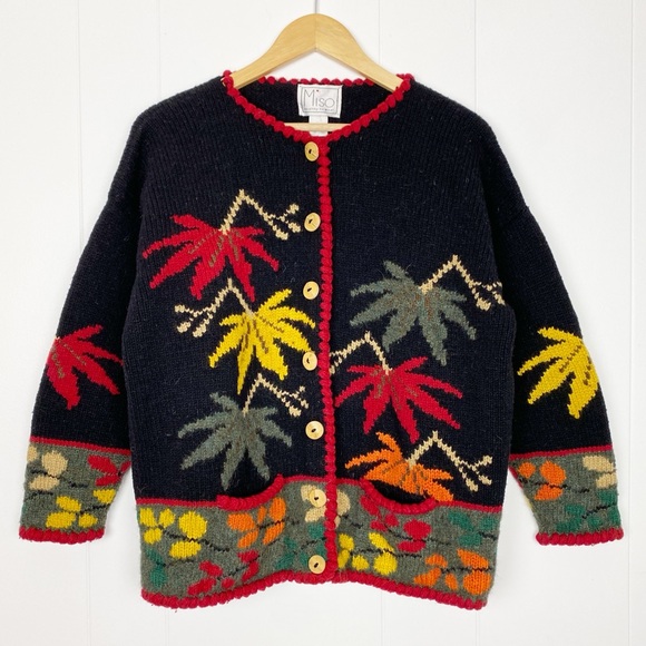 Vintage Miso Cardigan Sweater Women’s 100% Wool Thick Button Up Fall Leaves Art - Picture 2 of 13